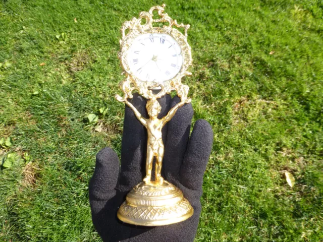 Vintage German Gold Gilt Brass Mantel Mechanical Wind Up Alarm Clock (See Video) 3