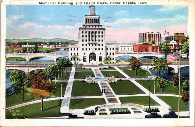 Memorial Building & Island Plaza Cedar Rapids Iowa WB Cancel WOB Postcard