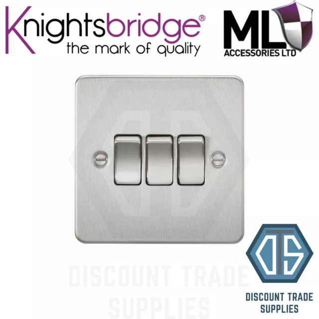 Knightsbridge Brushed Chrome Screwed Flat Plate Single Light Switch 3 Gang 2 Way