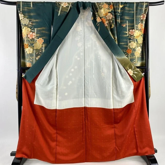 Woman Japanese Kimono Furisode Silk CherryBlossom Butterfly Gold Foil Dark Green 2