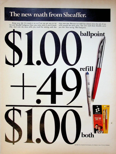 1966 Sheaffer Ballpoint Refill Pens Vintage 60s Print Ad New Math Low Price 49¢