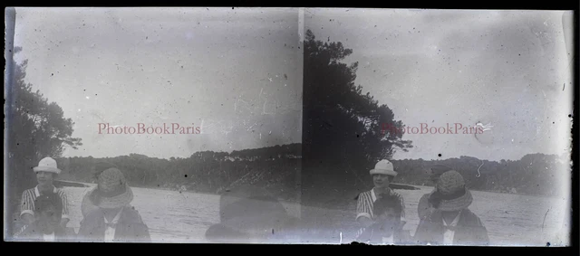 En barque Photo NEGATIVE c1930 Plaque verre Stereo Vintage PL28L9n