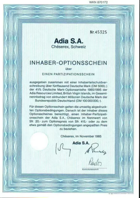 Adia S. A. Cheserex, Schweiz 1er-OS 1985