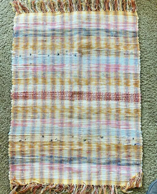 Vintage Farmhouse Scatter Throw Rag RUG 37x26 Woven Striped Multicolor w/ Fringe