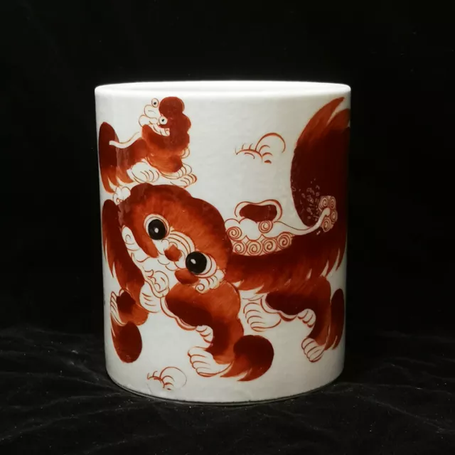 5.5" Good Chinese Jingdezhen Alum Red Glaze Porcelain Foo Fu Dog Lion Brush Pots