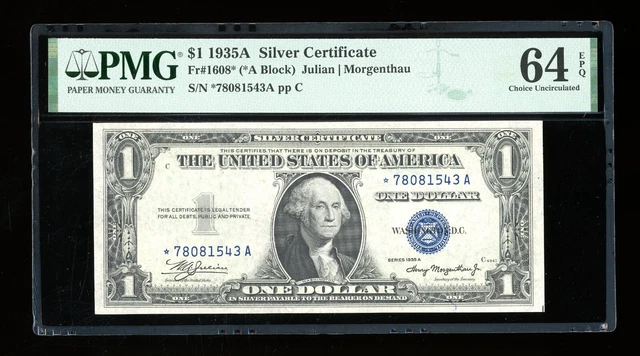 DBR 1935-A $1 Silver STAR Fr. 1608* PMG 64 EPQ Serial *78081543A