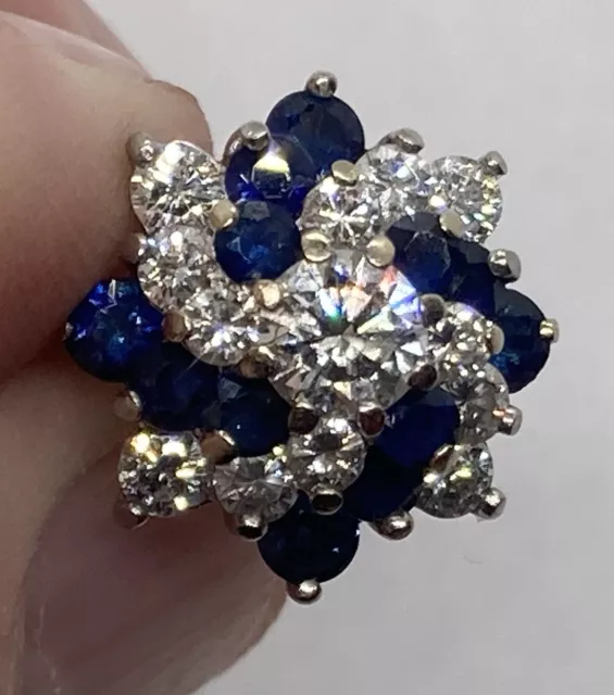 Elegant 18K White Gold Diamond & Blue Sapphire Cocktail Cluster Ring No Reserve!
