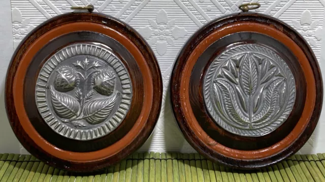 Lot of 2 VTG Pewter on Wood Wall Hangings 5.5" Strawberries Plant Lennox Shop NY