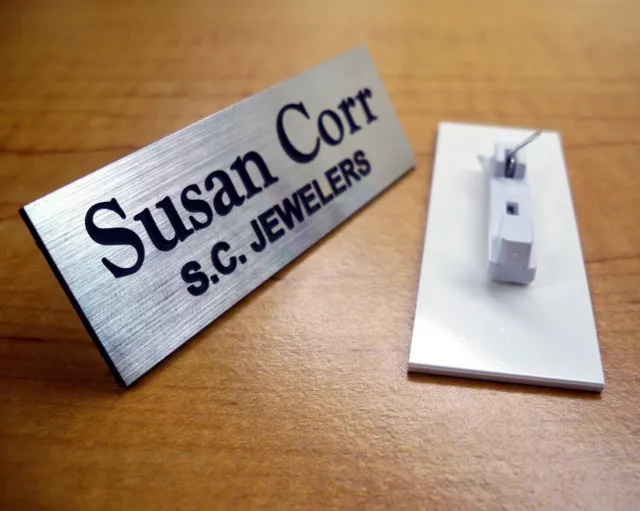 Custom Engraved Silver Name Tag Badge & Pin Employee Identification Personalized