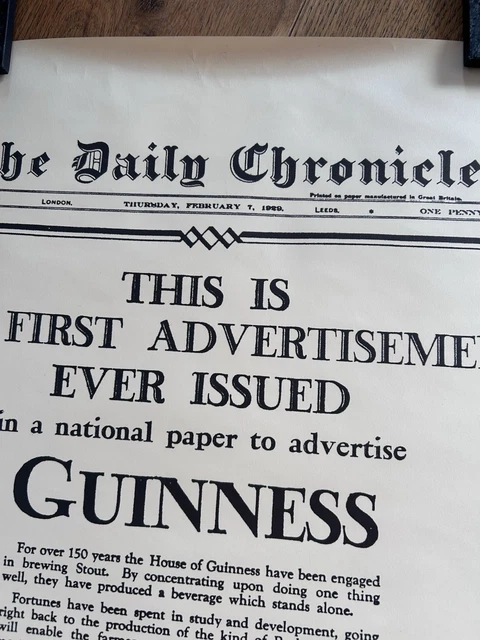 GUINNESS POSTER THE Daily Chronicle First Ever Guinness Advertisement £ ...