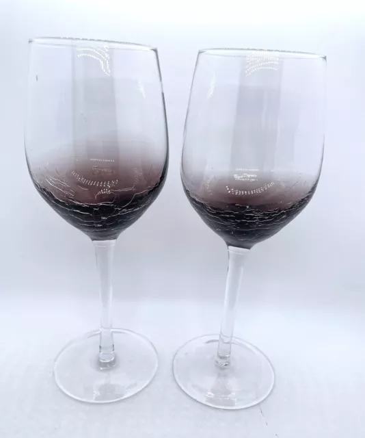 PIER 1 IMPORTS Amethyst Purple Crackle Glass Balloon Wine Glasses Goblets 2 EUC