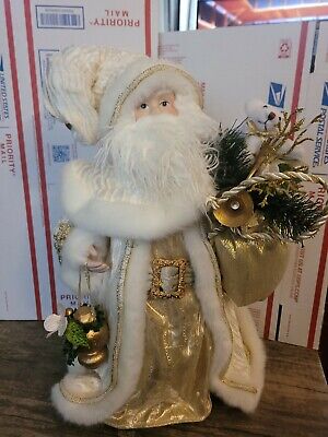 Santa Claus 18” Tree Topper White Faux Fur Coat Hat Gold Jewels Shirt Belt EUC