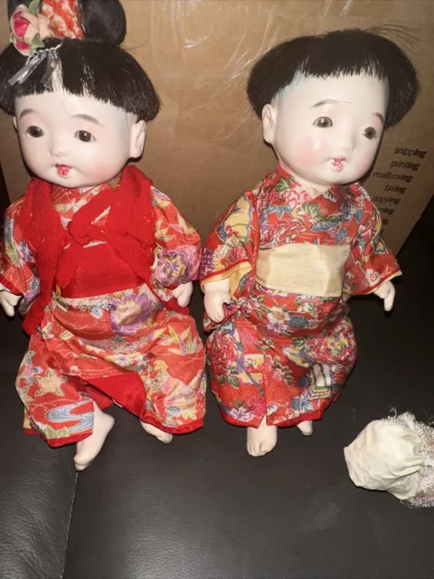 Antique Asian Japanese Ichimatsu Gofun Baby Dolls 2x 9” &10”