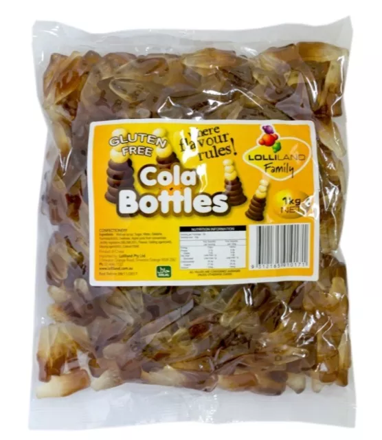 1kg LOLLILAND COLA BOTTLES OIL COKE JELLY GUMMY GUMMI BULK LOLLIES GLUTEN FREE