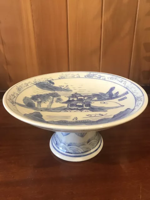 Antique Chinese Pedestal Footed Cake Plate Stand blue and white 20cm