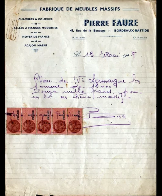 BORDEAUX (33) USINE de MEUBLES / MENUISERIE EBENISTERIE "Pierre FAURE" en 1948