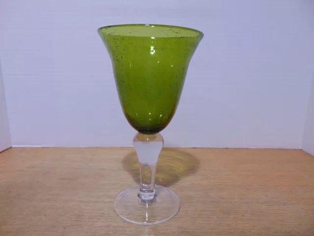 Blown Art Glass Vase Bubbled Avocado Green Top Clear Stem 8 1/8"