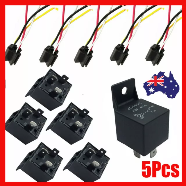 5Pcs 12V 40 Amp Car SPDT Automotive Relay DC 4 Pin 4 Wires W/ Harness Socket