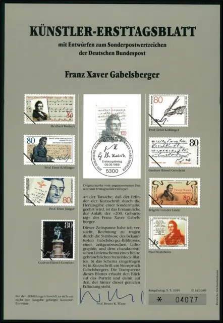 Brd Künstler-Etb 1989/14 F.x. Gabelsberger Stenograph Entwürfe!!