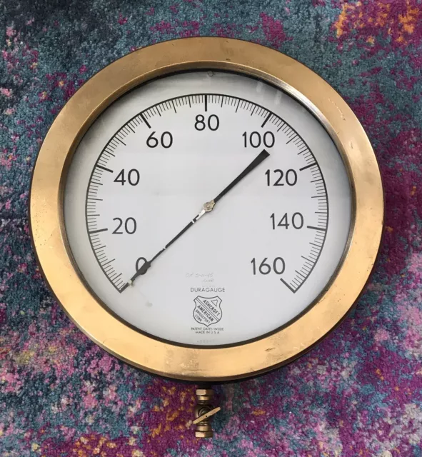 Large 14 Inch Vintage Brass Pressure Gauge by Duragauge / Ashcroft  0-160 psi