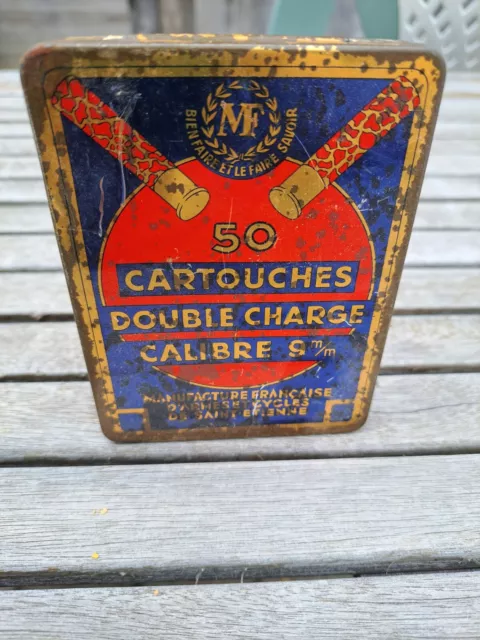 Rare ancienne boite métal cartouches cal 9mm Manufrance Saint Etienne. Vintage