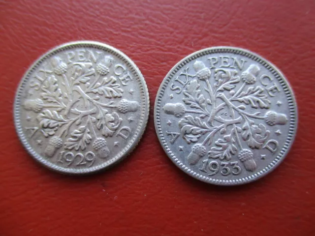 1929 & 1933 sixpence - good grades - 0.500 silver - George V          (ref  797)