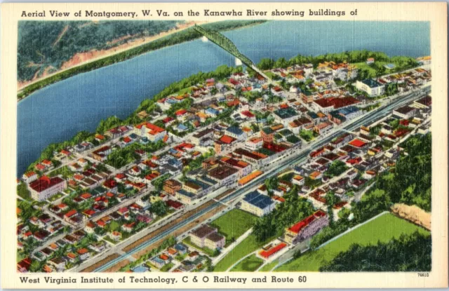 1920s Vintage Linen Postcard Aerial View Kanawa River West Virginia