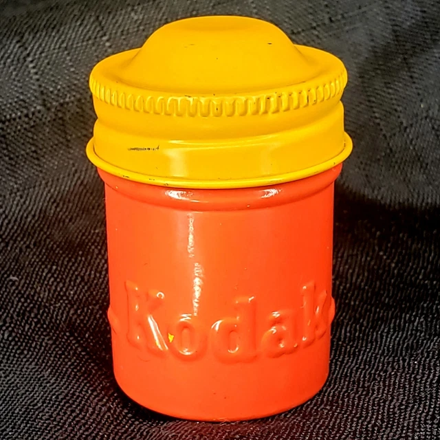 Vintage Kodak Film Canister Red With Yellow Lid Metal 35mm Container Rare Color!