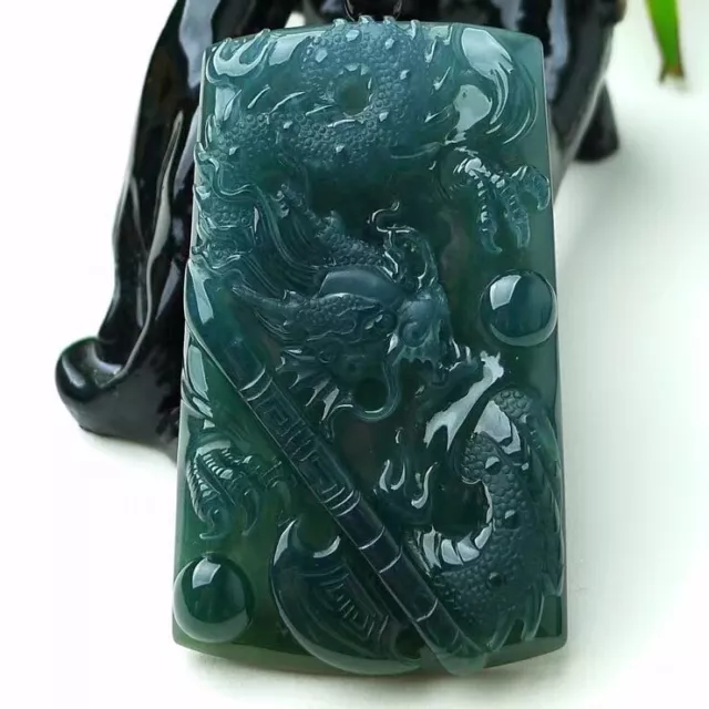 Amazing RARE Chinese Carved Icy Blue Green Jadeite Jade Dragon Pendant《Grade A》
