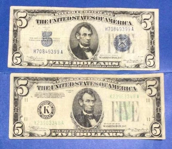 1934D $5 Blue SILVER Certificate & 1934A $5 Green "BIG K" Dallas X9399 Currency!