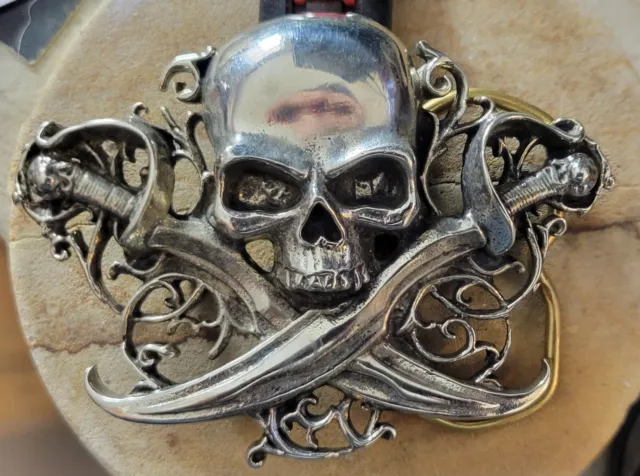 NEW OLD STOCK VINTAGE ALCHEMY ENGLAND Letter of Marque Pirate Belt Buckle skull