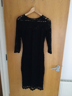 Primark Laced Black Midi Pencil Bodycon Mud Sleeve Dress Size 12 VGC