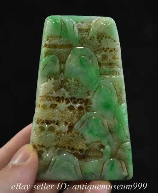 3.2" Rare Old Chinese Dynasty Natural Jadeite Jade Carving mountain Tree Pendant