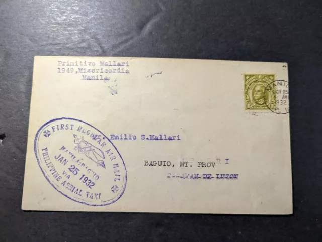 1932 Philippines Airmail First Flight Cover FFC Manila PI to Baguito MT