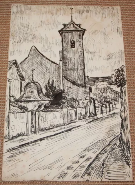 Dessin Charles Kiffer (1902-1992) scène rurale, le clocher de l'église