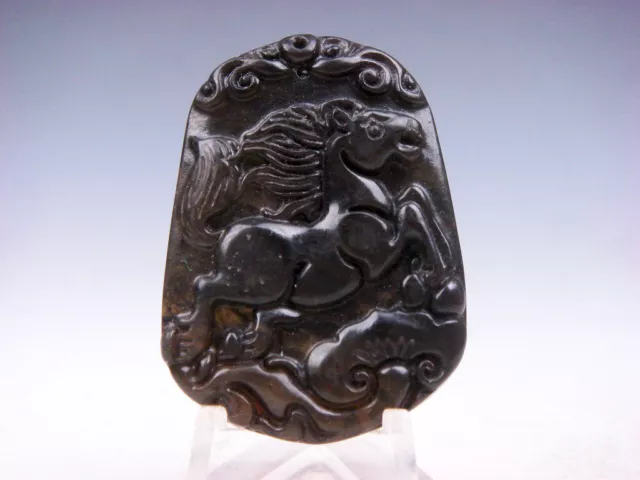 Old Nephrite Jade Hand Carved *Zodiac Horse Jumping & Ru-Yi* Pendant #09282001