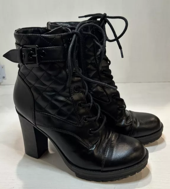 G By Guess Bakster Women's Black Combat Full-Zip Lace-Up Quilted Boot Size 7M