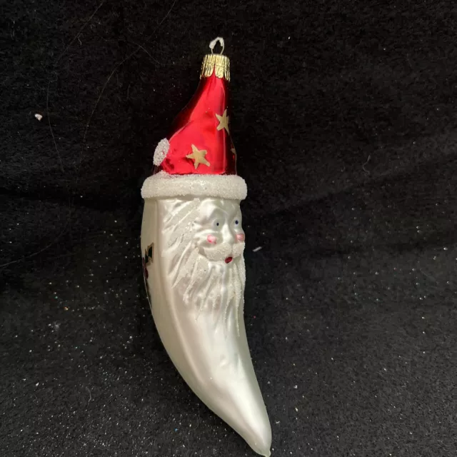 Blown Glass Santa Claus Head Christmas Tree Ornament Crescent Moon