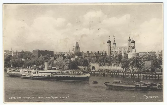 The Tower of London, Old Postcard, Royal Eagle Streamer Ship in View, 1960s