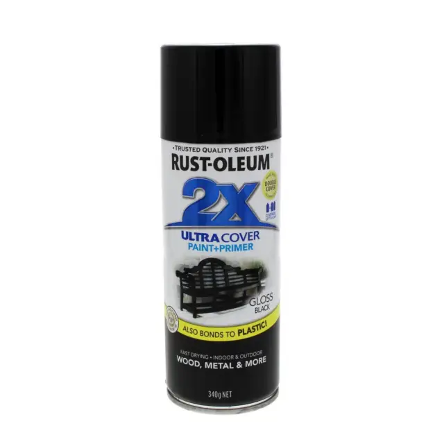 2X Ultra Cover Gloss Spray Aero Black Gloss Superior Coverage 340g Can Rustoleum