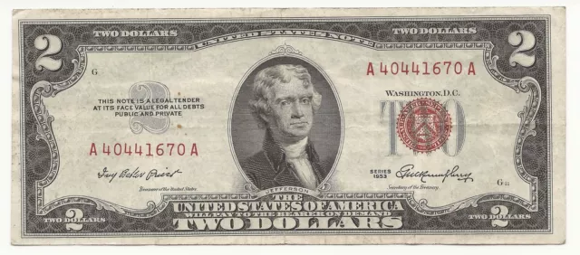 1953 $2 Two Dollar Bill Red Seal United States Note VG/FINE FREE SHIPPING