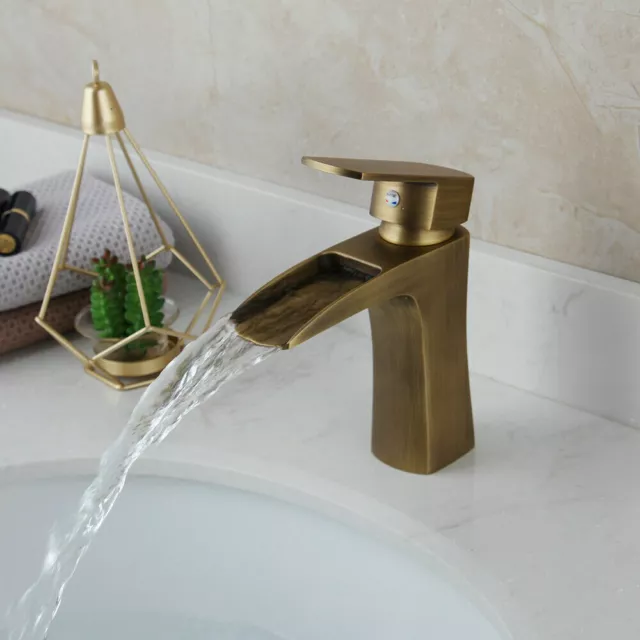 Antique Brass Bathroom Sink Faucet Waterfall Spout Single Handle Mixer Basin Tap