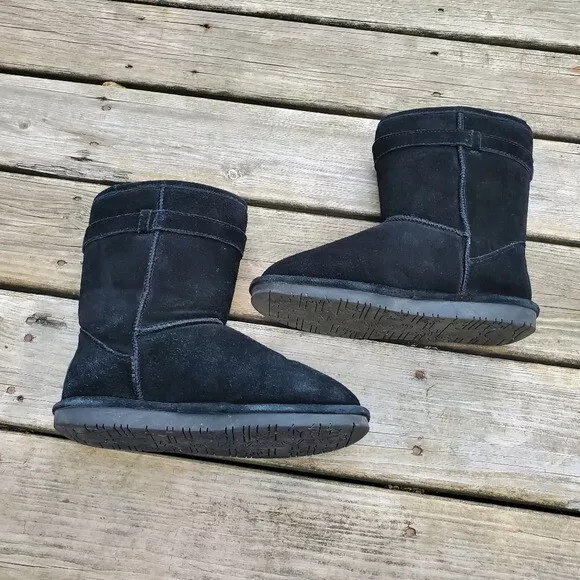 BEARPAW VAL BLACK Suede Leather Sheep Shearling Lined Buckle Warm Cozy ...