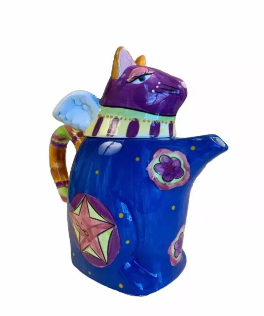 Colorful Cat Teapot W Wings Hand Painted Folk Art Kitty Blue Cottage Core Teapot