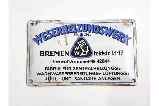 Antikes Emaille Schild Weser Heizungswerk. M. B. H. Maße ca. 19 x 12cm, selten