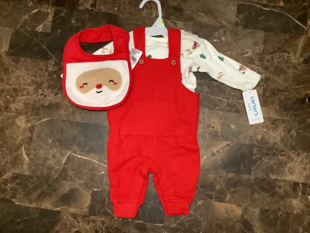 New Carters Baby 3 Pc Christmas Coverall Outfit Santa Bib Shirt Size 3M