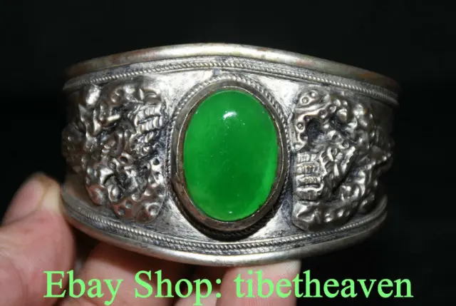 2.8" Old China Silver inlay Green Jade Gem Dynasty Jewellery Bracelets Bangle