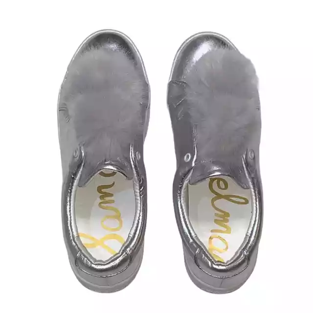 Sam Edelman Women's Leya Slip on Shoes Size 8.5 Metallic Silver Faux Fur Pompom