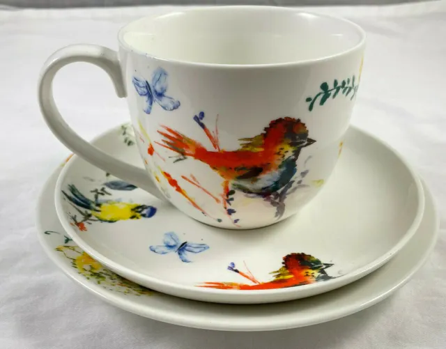 Trio Bird Tea Cup Saucer Set Create By Just Mugs Butterfly Porcelain Coffee 3 PC