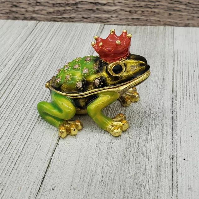 Vintage Frog Red Crown Rhinestones, Metal & Enamel Hinged Trinket Box Collection